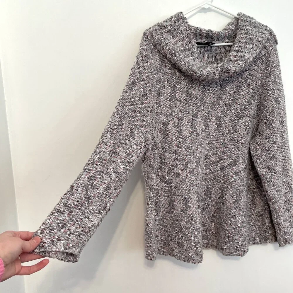 LANE BRYANT Plus Size Cowl Neck Sparkle Eyelash Sweater Gray Pink Chunky Knit 2X